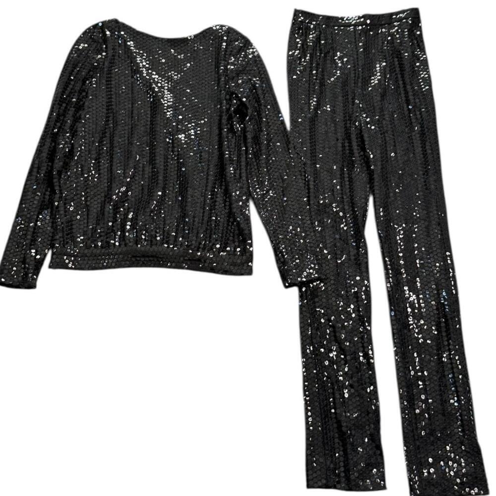 Vintage 80s Black Sequin Two Piece Set Top and Pants Sparkly Party Outfit Sz 6 - Picture 2 of 8